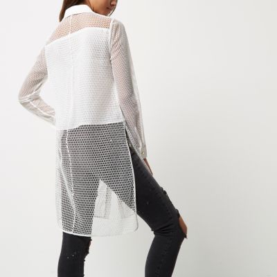 White mesh panel longline shirt